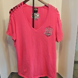 Harley-Davidson Pink V-Neck Tee with Shoulder Cutouts